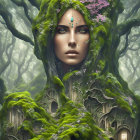 Mystical woman in floral headdress and green cloak among ethereal forest backdrop