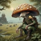 Fantasy illustration of female figure with mushroom hat in mystical forest