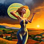 Woman in vibrant dress painting surreal landscape with oversized planets at sunset