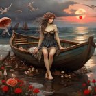 Young woman in flower-filled boat under full moon with butterflies and floating mushroom