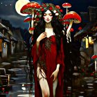 Enchanted forest scene with mystical woman in red dress among glowing mushrooms and foliage