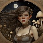 Fantasy portrait of woman with flowing hair and glowing mushrooms.