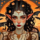 Fantasy female character with bat wings and pointed ears in floral and starry setting