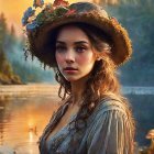 Woman with Striking Eyes in Floral Hat by Serene Lake at Sunset