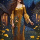 Detailed digital illustration of woman in golden gown in mystical night landscape