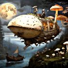 Enchanted forest scene: oversized glowing mushrooms, butterflies, full moon, stars, vibrant foliage