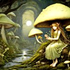 Ethereal fantasy illustration of women in green dresses with flower crowns amid oversized mushrooms and glowing forest