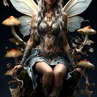 Ethereal fairy with ornate wings on mushroom with flying companions