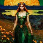 Detailed green dress woman in golden sky with flowers reminiscent of "Starry Night