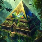 Colorful digital artwork: Mystical pyramid with golden details surrounded by lush greenery