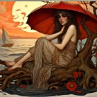 Woman with umbrella sitting on roots by tranquil sea at sunset surrounded by autumn leaves and orange tree