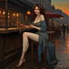 Red-haired woman at flooded bar on rainy evening with umbrellas in moody, amber-lit scene