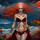 Fantasy image: Woman with red hair in red & gold costume by sea with roses & red moon