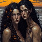 Two women with dark hair and orange flowers, beach sunset background.