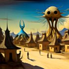 Alien structures in futuristic desert with mountains & figures