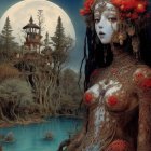 Surreal painting: Woman with forest hair under moon