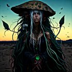 Ethereal woman with long hair, hat, jewelry in twilight desert landscape