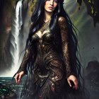 Woman with Long Black Hair in Black and Gold Gown by Waterfall