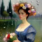 Woman in Blue Dress with Flower Hat by Serene Lake