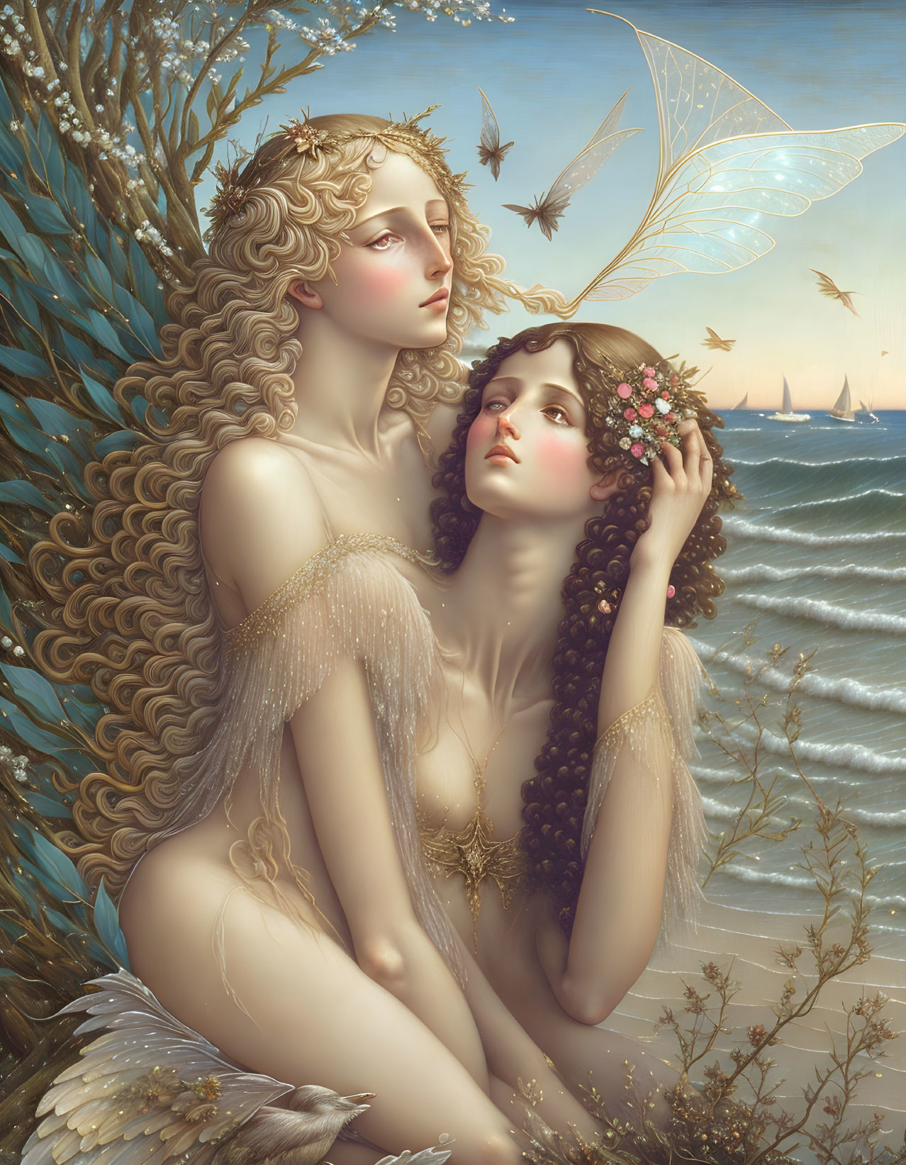 Ethereal women with flowing hair by the sea surrounded by butterflies