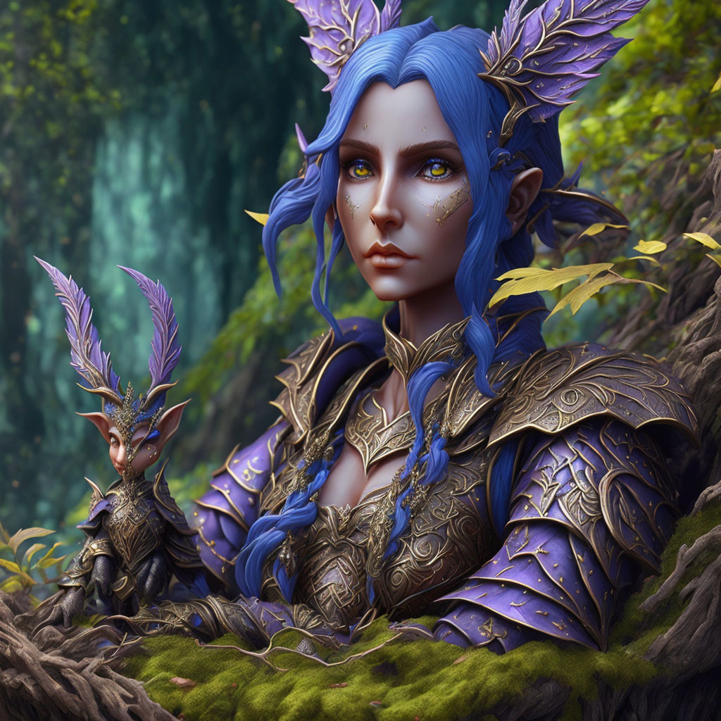 Blue-haired elf in purple armor with matching creature in lush forest