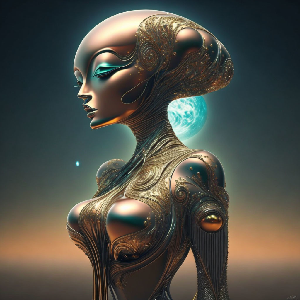 Female android with metallic designs and glowing sphere.