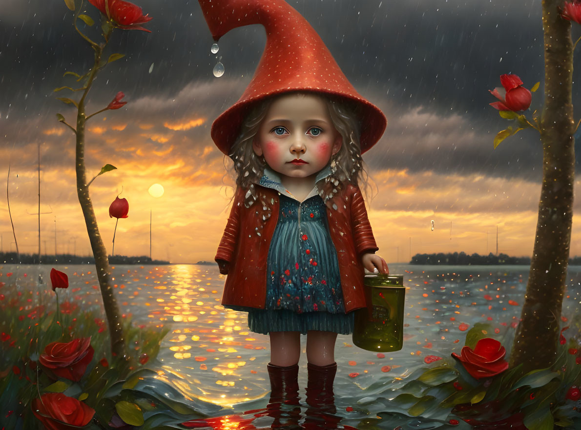 Illustration of young girl with red hat in water holding lantern, surrounded by red flowers and dusk sky