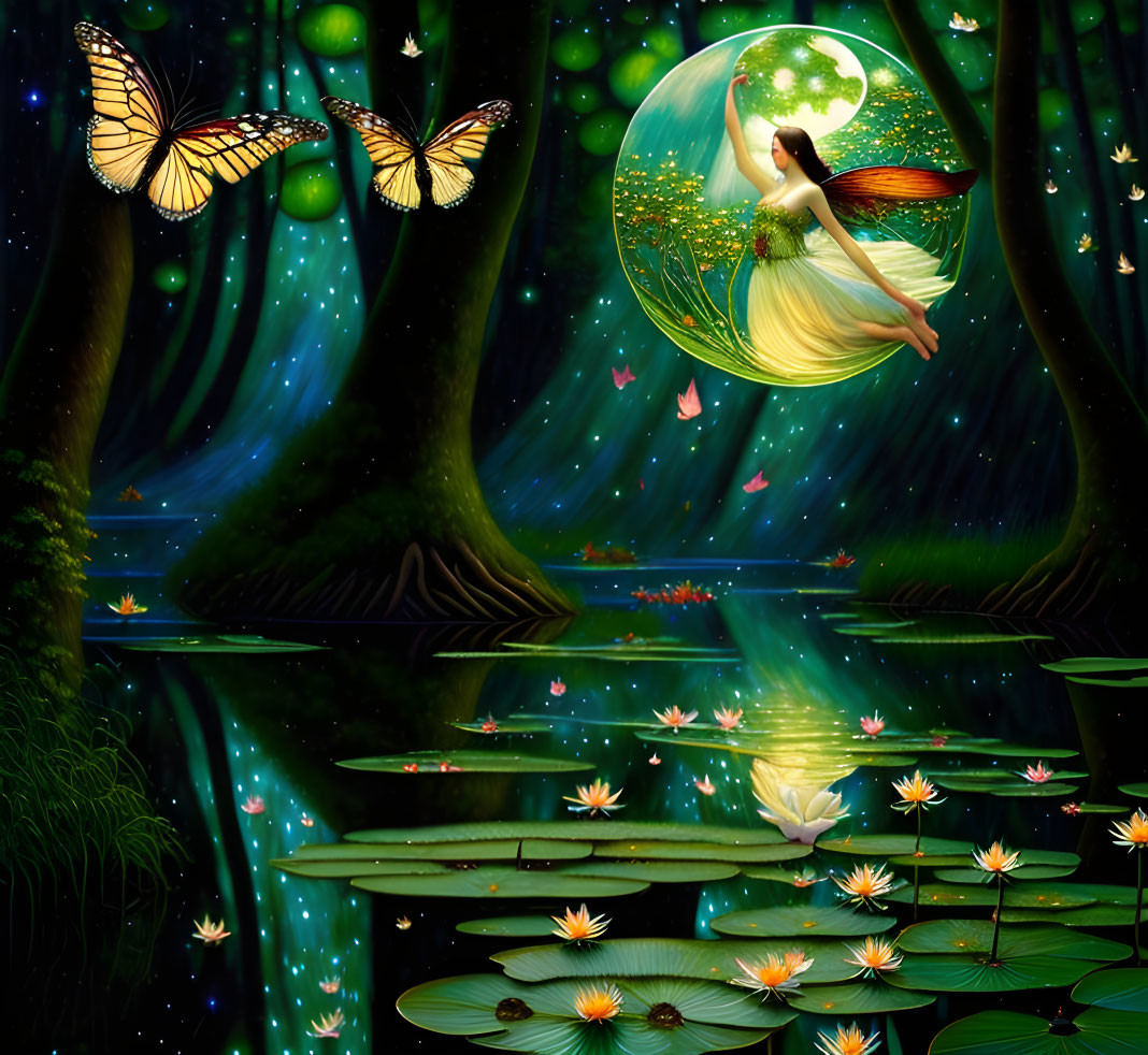 Fantastical artwork of woman in glowing orb with butterflies and lotus flowers