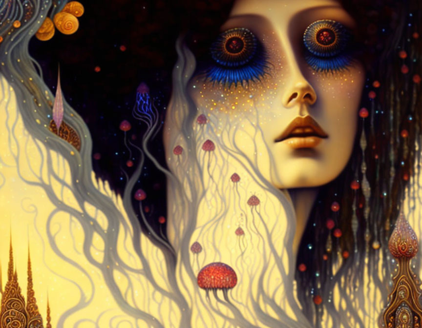 Surreal Artwork: Woman with Galaxy Eyes and Cosmic Motifs