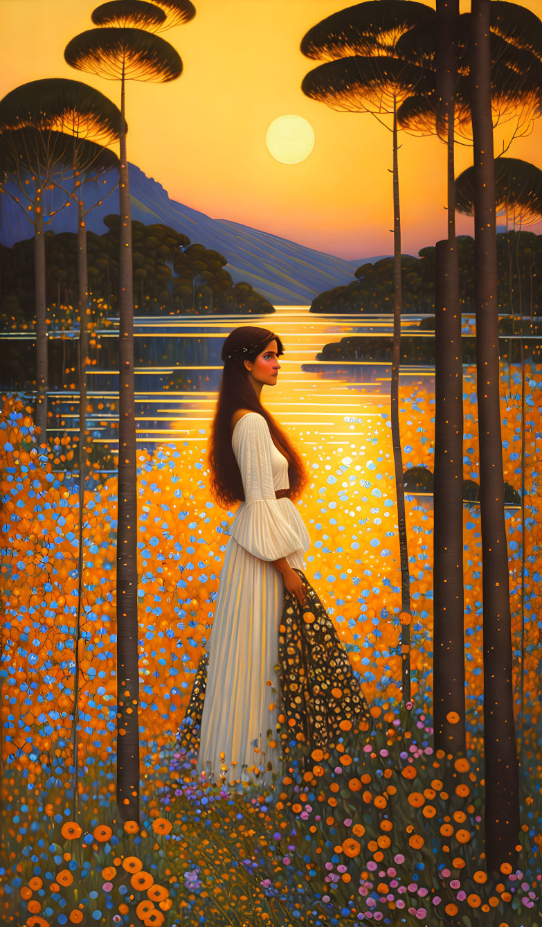 Woman in white dress surrounded by flowers near tranquil lake at sunset