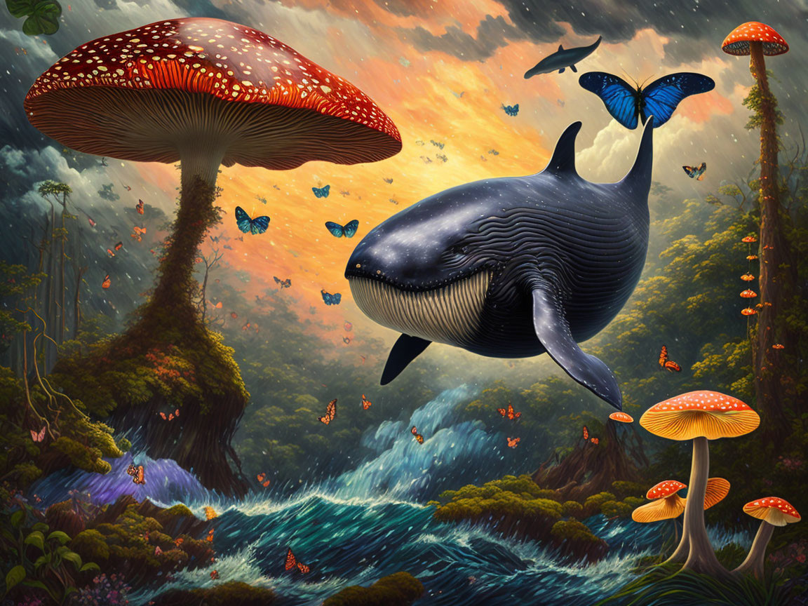 Whale, mushrooms, butterflies in surreal forest sunset scene