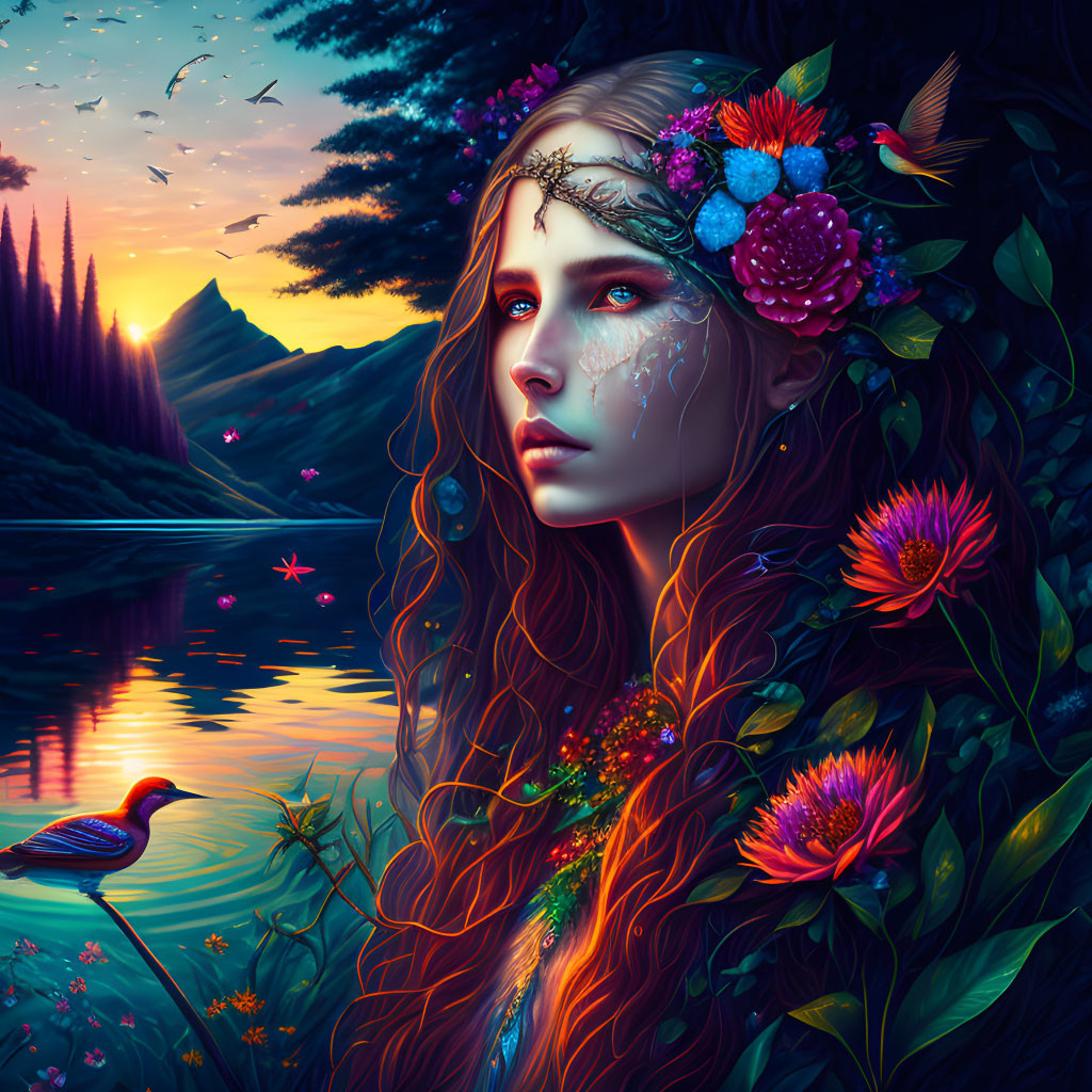 Illustration of woman with floral crown and red hair by river at dusk with birds and duck amid foliage