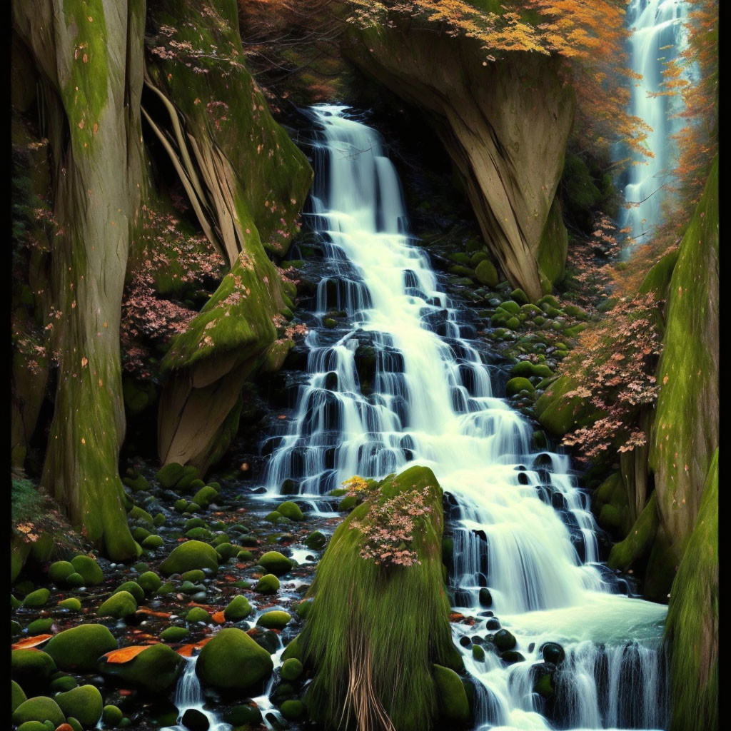 Tranquil waterfall flowing through moss-covered rocks in tree-lined gorge