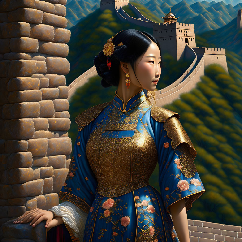 Traditional Chinese attire woman at Great Wall in elegant blue dress.