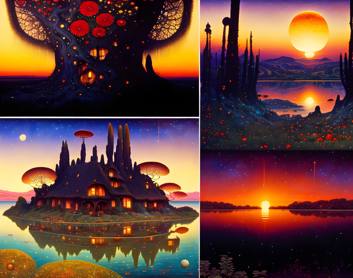 Four Vibrant Surrealist Landscapes with Trees, Buildings, Water, and Moons