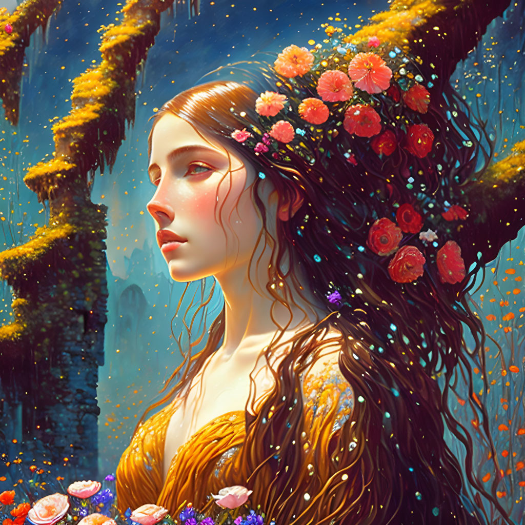 Fantastical portrait of a woman with flower-adorned hair in mystical forest.