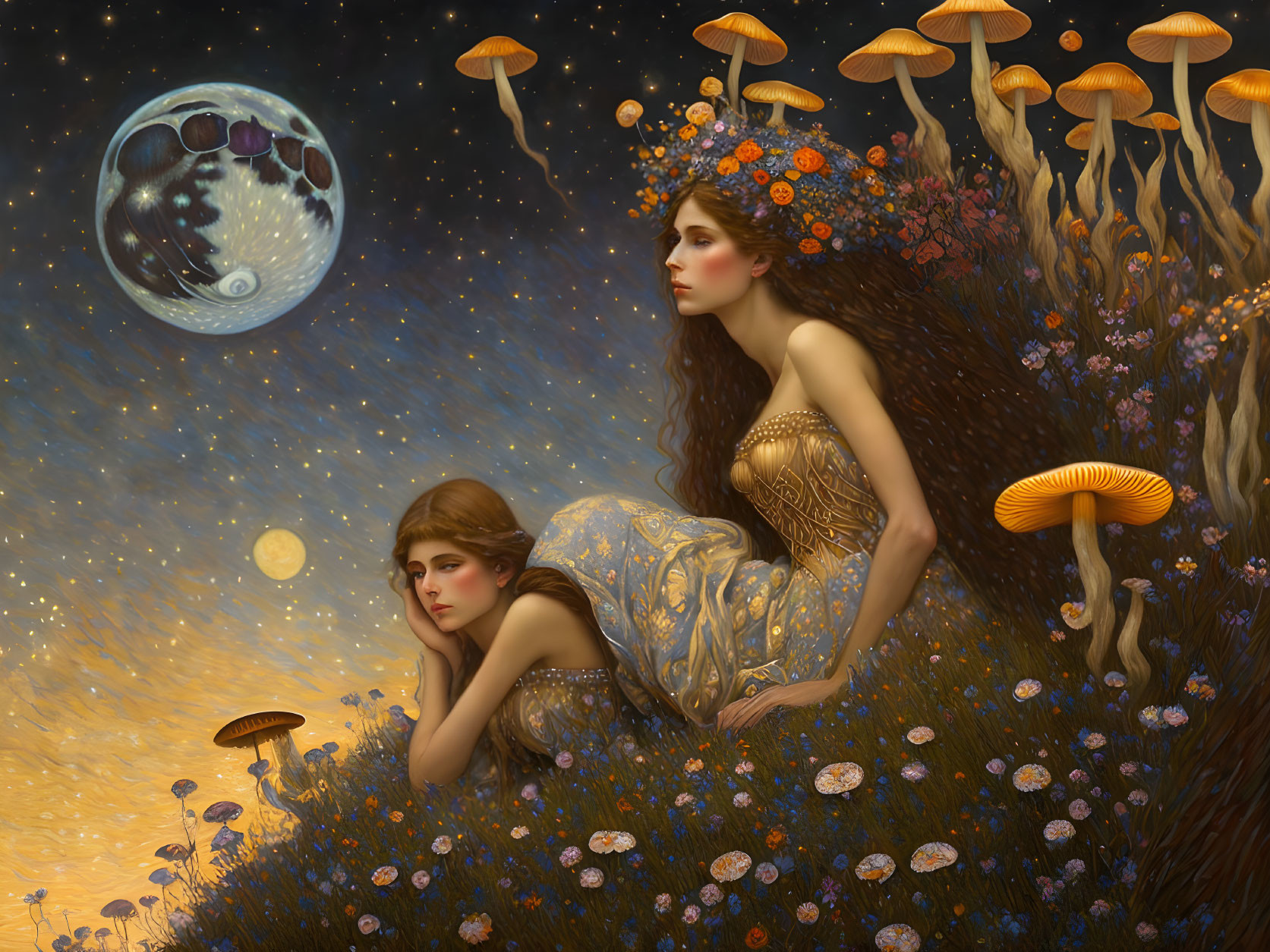 Ethereal women with mushroom-adorned hair in mystical field