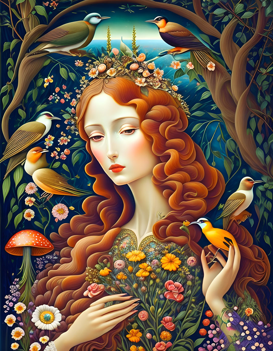 Illustration of woman with red hair in nature scene