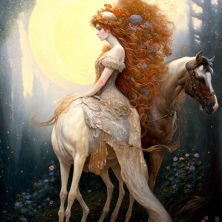 Woman in ornate headdress rides horse in mystical forest under yellow moon