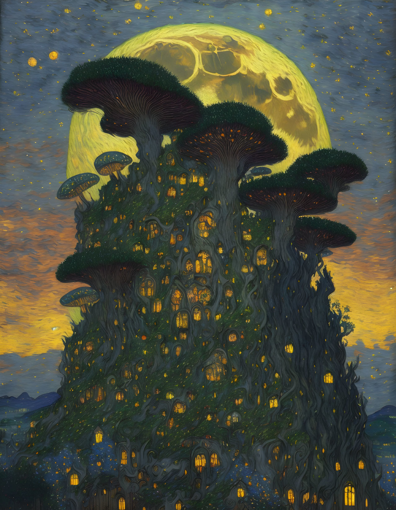 Fantasy illustration: towering tree with mushroom canopies under starry sky.