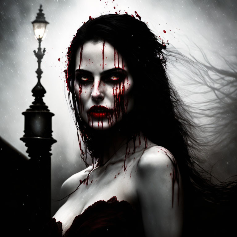 Dark-haired woman with blood on face in misty setting under streetlamp