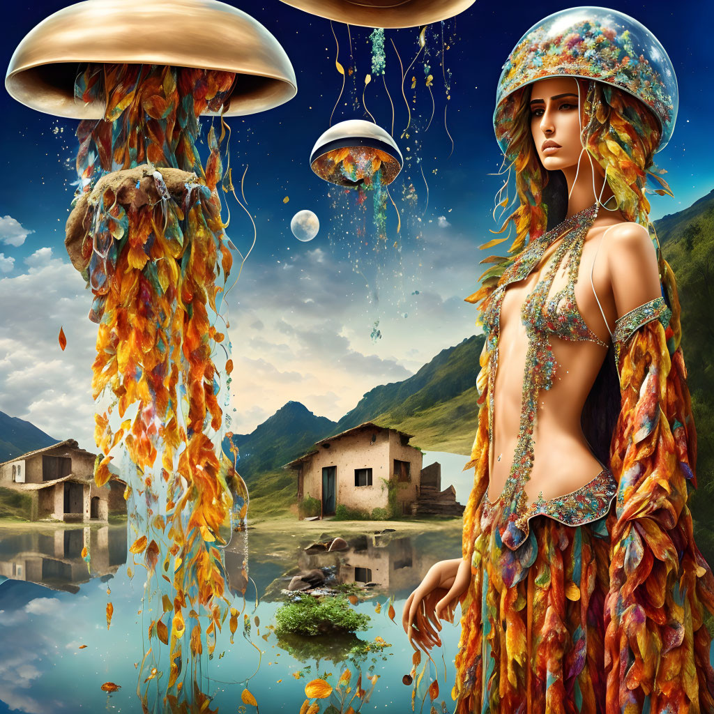 Surrealistic scene: Woman in vibrant garment under sky with floating jellyfish-like structures