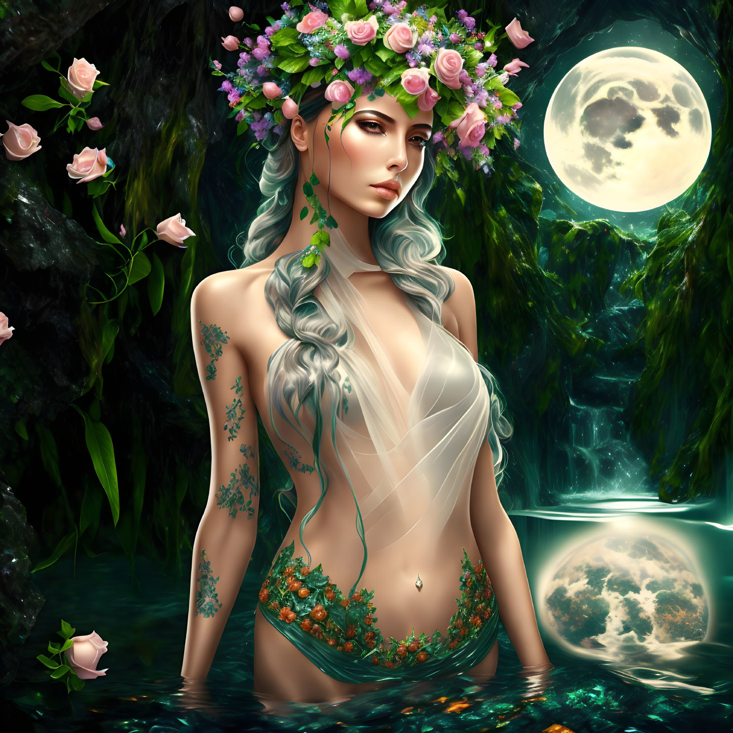 Mystical woman with floral crown in moonlit forest pond