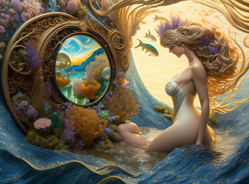 Surreal illustration: Woman merging with seascape, hair flowing like waves, holding mirror reflecting underwater