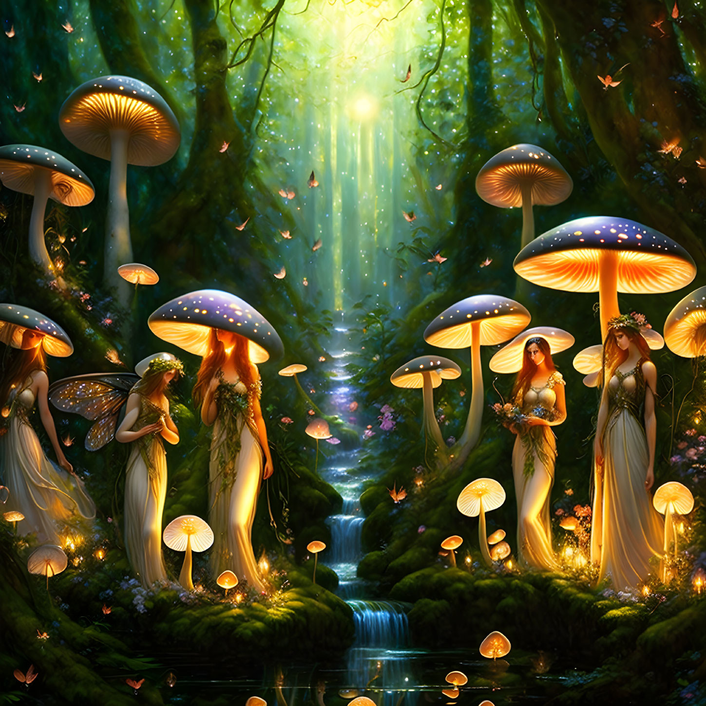 Enchanted forest scene with glowing mushrooms, fairies, trees, stream, and sunlight.