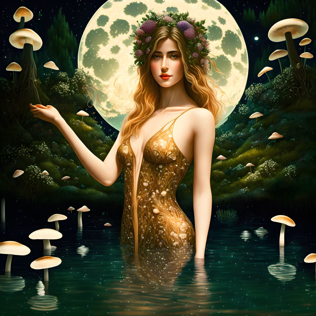 Woman with floral crown in water surrounded by glowing mushrooms and full moon.