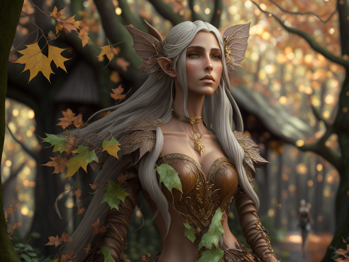 Ethereal white-haired elf in golden armor in autumn forest