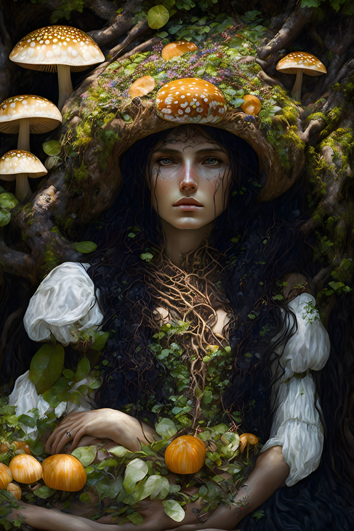 Forest spirit woman with mushroom cap in nature setting