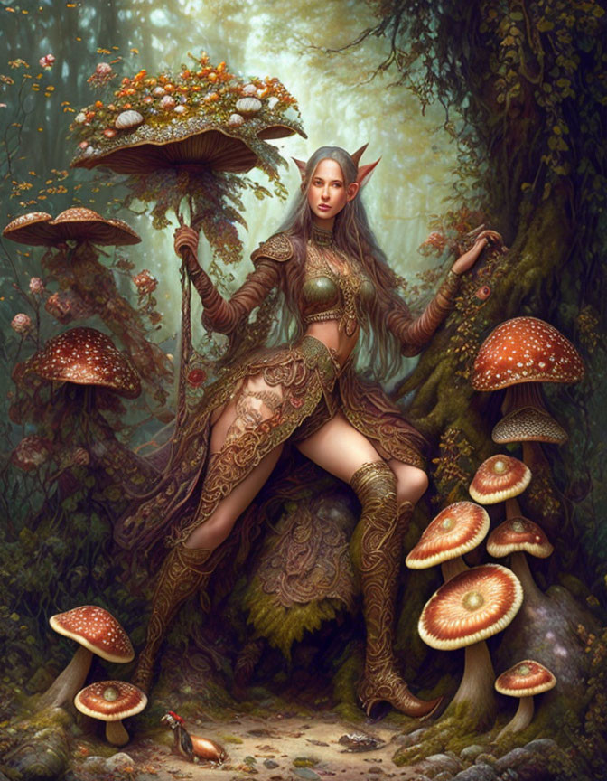 Female humanoid creature with elf-like ears in mushroom-patterned attire in mystical forest with giant mushrooms.