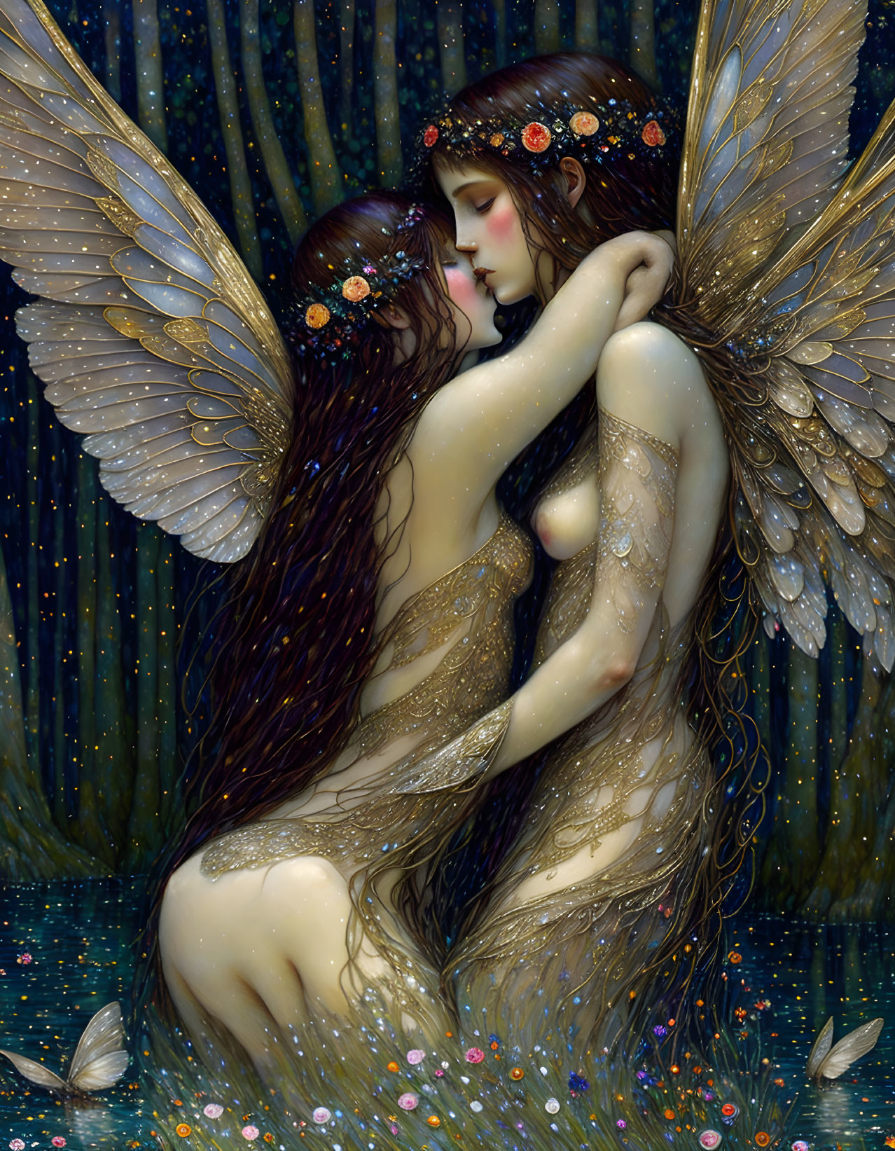 Intricately detailed fairies with translucent wings in starry embrace